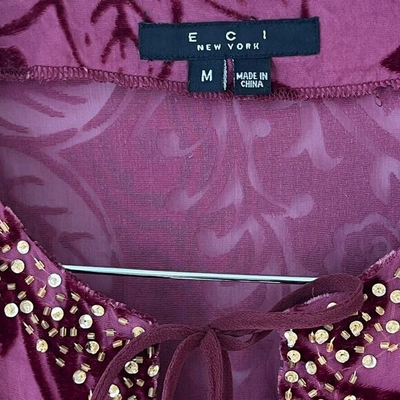 VTG ECI NY Velvet Burnout Beaded Long Sleeve Top Burgundy Womens M Whimsigoth - Picture 5 of 11